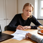 **

A person sitting at a kitchen table, looking overwhelmed by paperwork (Försäkringskassan forms). A laptop is open, displaying the Försäkringskassan website. In the background, a friendly hand reaches out to offer support. The scene is brightly lit, but the person's face shows stress. Focus on conveying the complexity of navigating the Swedish social security system after a stroke.

**