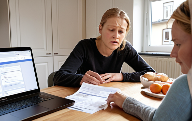 **

A person sitting at a kitchen table, looking overwhelmed by paperwork (Försäkringskassan forms). A laptop is open, displaying the Försäkringskassan website. In the background, a friendly hand reaches out to offer support. The scene is brightly lit, but the person's face shows stress. Focus on conveying the complexity of navigating the Swedish social security system after a stroke.

**