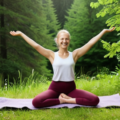 **

Prompt: A person smiling gently while stretching, surrounded by lush green Swedish nature. Focus on serene, healing vibes. Soft, natural lighting. Include elements of mindfulness and nature.

**