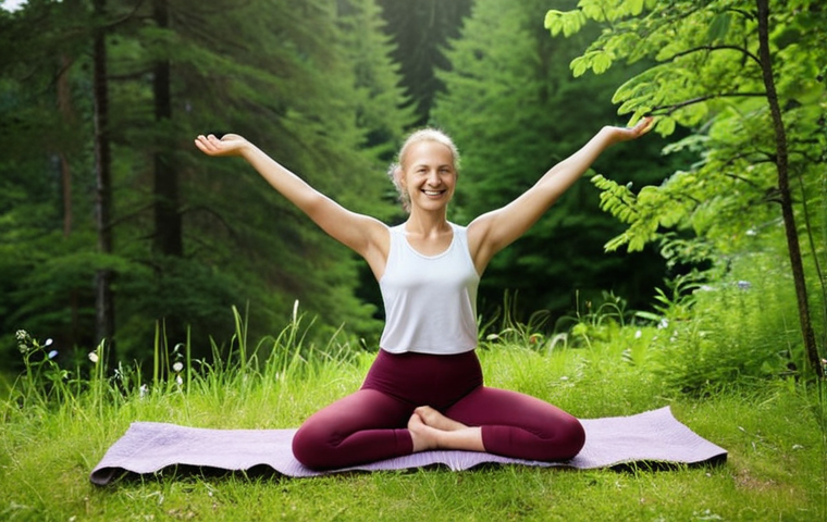 **

Prompt: A person smiling gently while stretching, surrounded by lush green Swedish nature. Focus on serene, healing vibes. Soft, natural lighting. Include elements of mindfulness and nature.

**