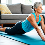 Core Strength Focus**

A middle-aged woman in comfortable workout clothes doing a plank on an exercise mat in a bright living room. Focus on her core engagement and posture. "Safe for work," "appropriate content," "fully clothed," "professional," "modest exercise attire," "perfect anatomy," "natural proportions," "well-lit photography."

**