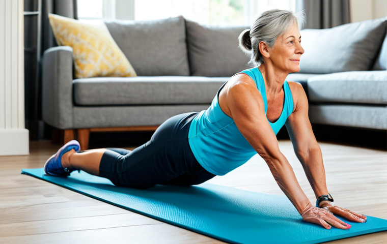 Core Strength Focus**
A middle-aged woman in comfortable workout clothes doing a plank on an exercise mat in a bright living room. Focus on her core engagement and posture. "Safe for work," "appropriate content," "fully clothed," "professional," "modest exercise attire," "perfect anatomy," "natural proportions," "well-lit photography."
**