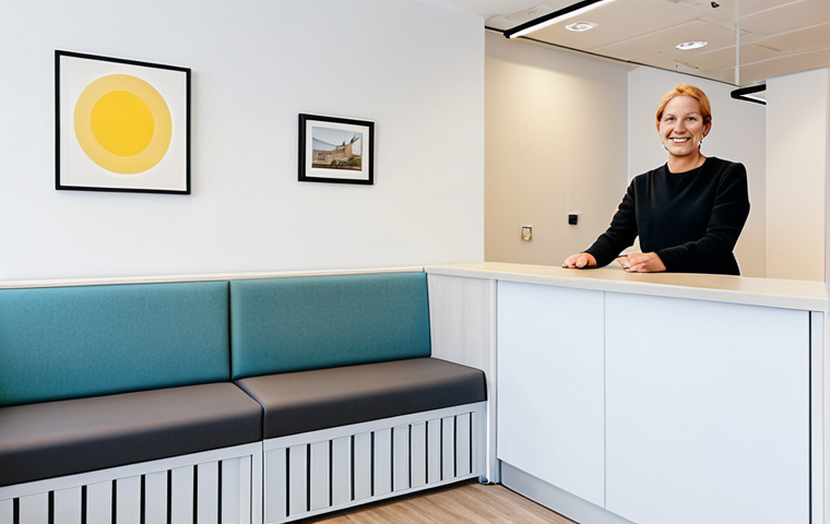 Rehab Clinic Reception**
"A brightly lit, modern reception area of a rehabilitation clinic in Stockholm. Soft, calming colors, comfortable seating, and friendly staff at the front desk. A patient is being greeted with a warm smile. Safe for work, appropriate content, fully clothed, professional, family-friendly, perfect anatomy, correct proportions, natural pose, well-formed hands, proper finger count, natural body proportions, high quality."
**