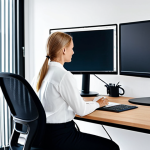 **Ergonomic Workspace:** "A bright and modern Swedish office. A woman sits at a height-adjustable desk, fully clothed in stylish, professional attire. Her posture is excellent, with a monitor at eye level. The scene emphasizes good lighting and a clean, organized workspace.  safe for work, appropriate content, fully clothed, professional, perfect anatomy, natural proportions, professional photography, high quality."