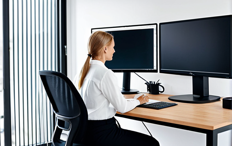 **Ergonomic Workspace:** "A bright and modern Swedish office. A woman sits at a height-adjustable desk, fully clothed in stylish, professional attire. Her posture is excellent, with a monitor at eye level. The scene emphasizes good lighting and a clean, organized workspace. safe for work, appropriate content, fully clothed, professional, perfect anatomy, natural proportions, professional photography, high quality."